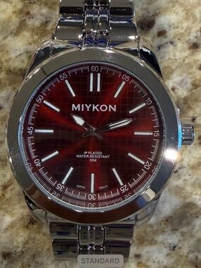 Miykon Men's Silver Stainless Steel Quartz Watch - Water-Resistant, Red Dial